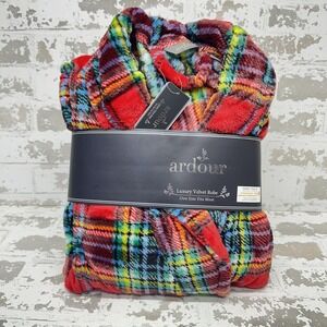 Ardour Luxury Velvet Robe Womens One Size Red Plaid Fleece Tie‎ Belt Long Sleeve